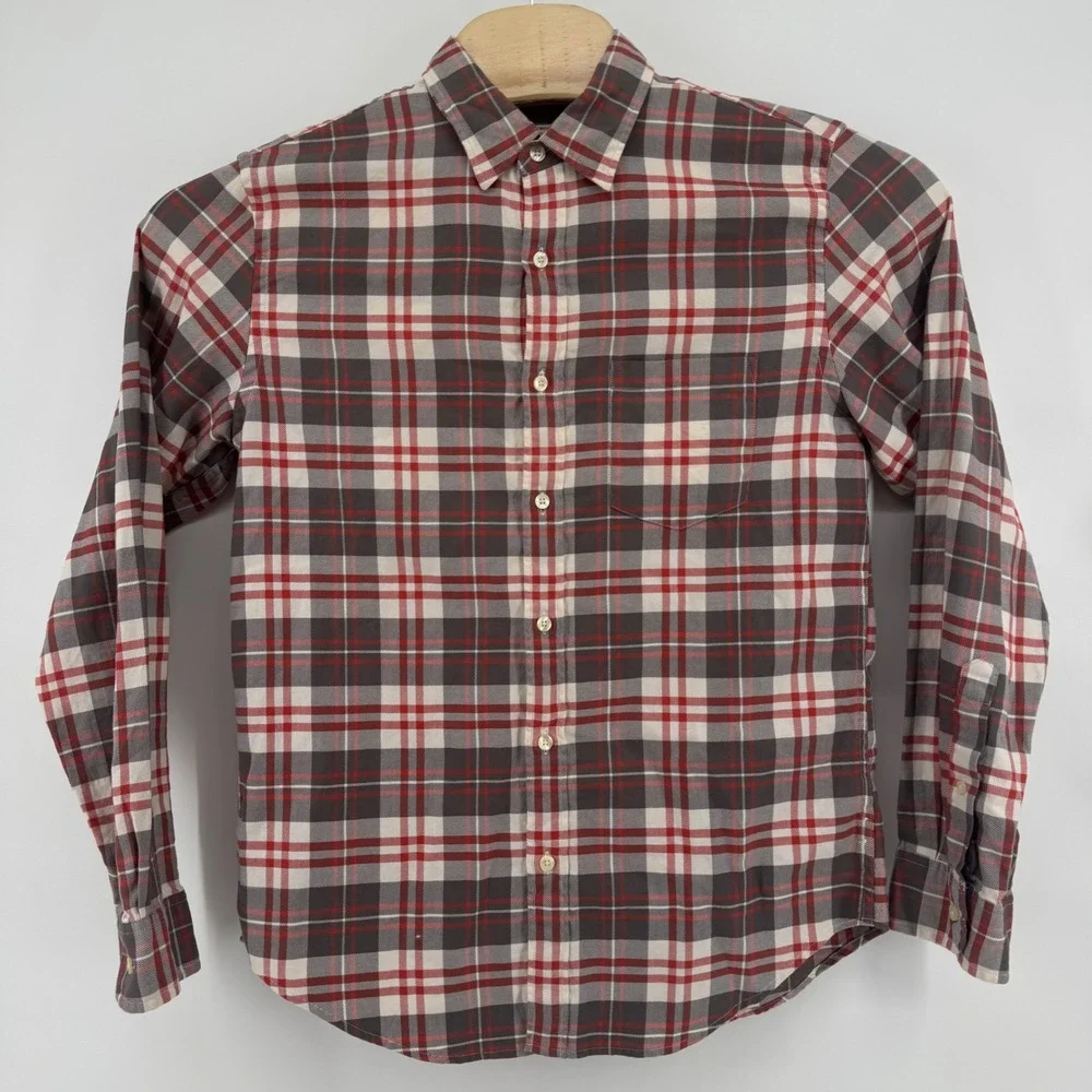 J.Crew Mens Plaid‎ Button Down Shirt Red Gray White Cotton Size M